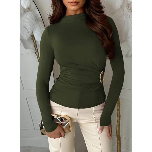 Women's Long Sleeve Mock Neck Shirt Ruched Button Detail Slim Fit Casual - Picture 3 of 7